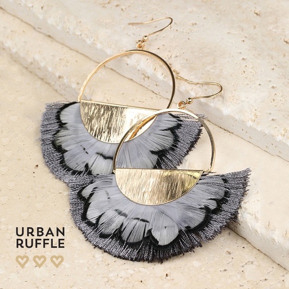 Gray Feather & Brushed Metal Statement Earrings - Picture 2 of 3